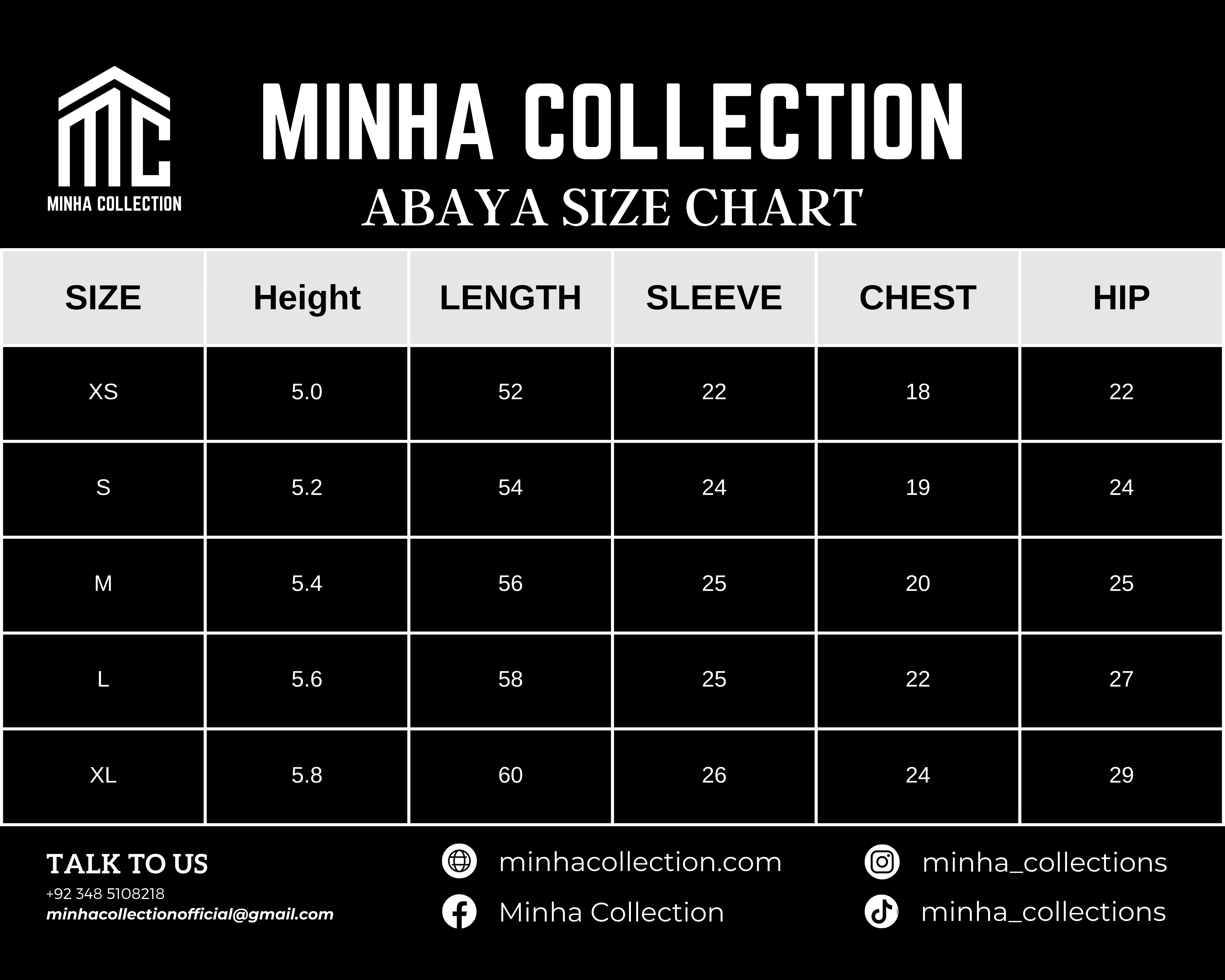 Divine Abaya SizeChart